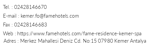 Fame Residence Kemer telefon numaralar, faks, e-mail, posta adresi ve iletiim bilgileri